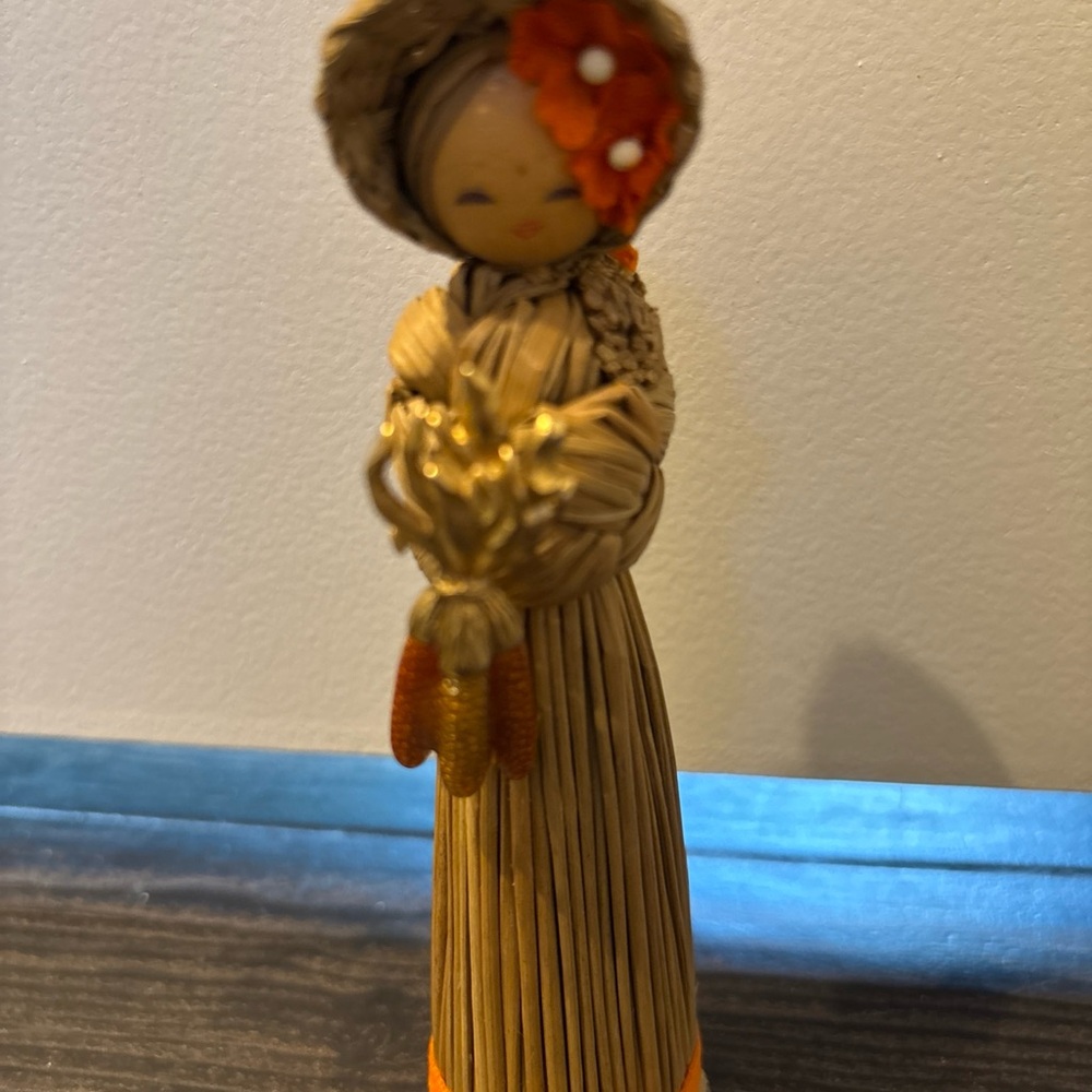 Vintage Korean Straw Doll 5” Handmade Folk Art Lady Corn Thanksgiving Orange